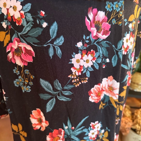 LOFT Open Back Black Floral Long-Sleeve Mini Dress Pink & Teal Accents size 14 - Picture 11 of 16